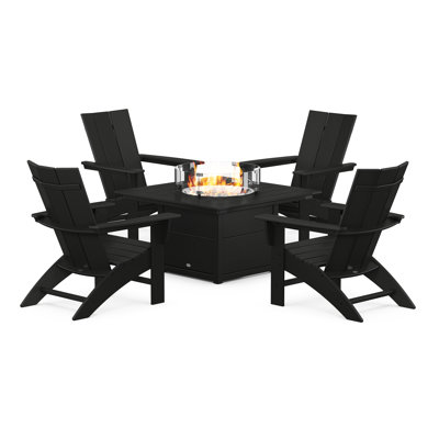 POLYWOOD Modern Curveback Adirondack 5-Piece Conversation Set with Fire Pit Table