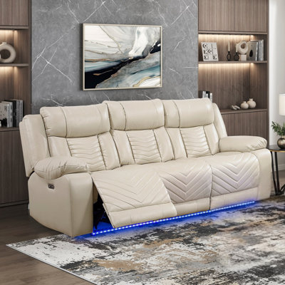 Beige luxueux canapé inclinable électrique avec porte-gobelets Chargeur sans fil à lumière DEL avec ports en simili cuir de qualité supérieure pour canapé 3 places 3 pièces