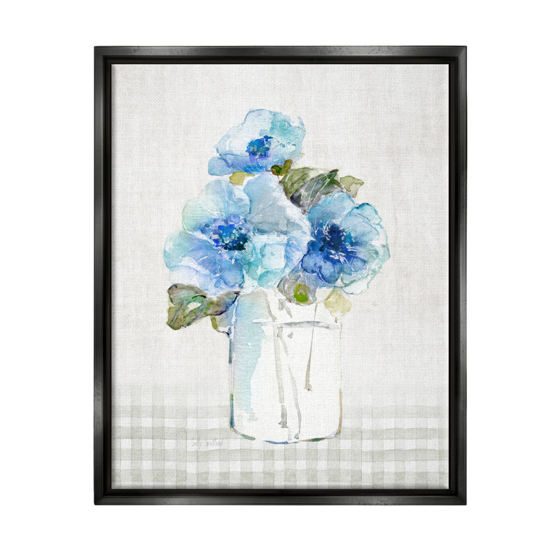 Winston Porter, fleurs bleues sur tartan, art mural encadré par Sally Swatland, Cadre flottant noir de jais