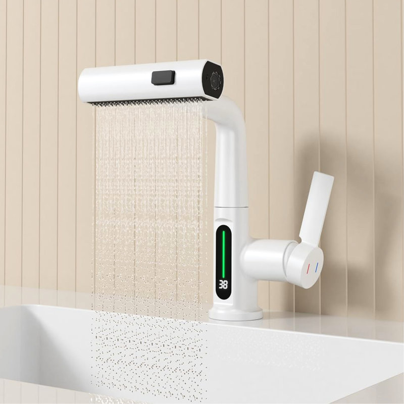 White Basin Faucet With Pull-Out Feature & Led Temperature Show - 360 Rotatable, 31 Spout Modes, Adjustable Height For Bath Display Lift Rotation, Spout, Height, Bathroom