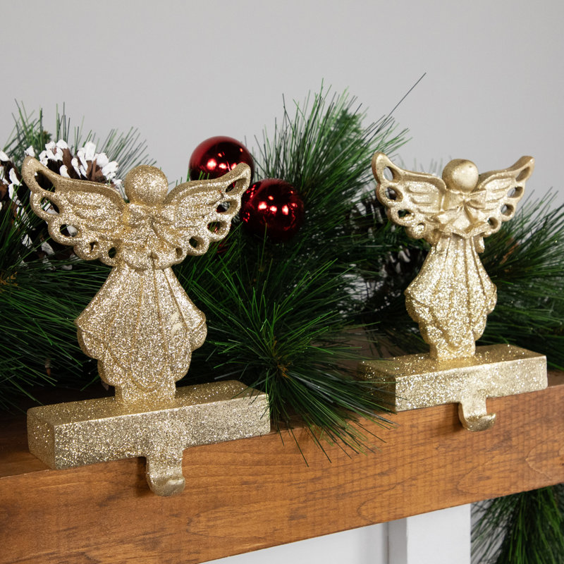 Gold Glitter Angel Christmas Stocking Holders Set of 2