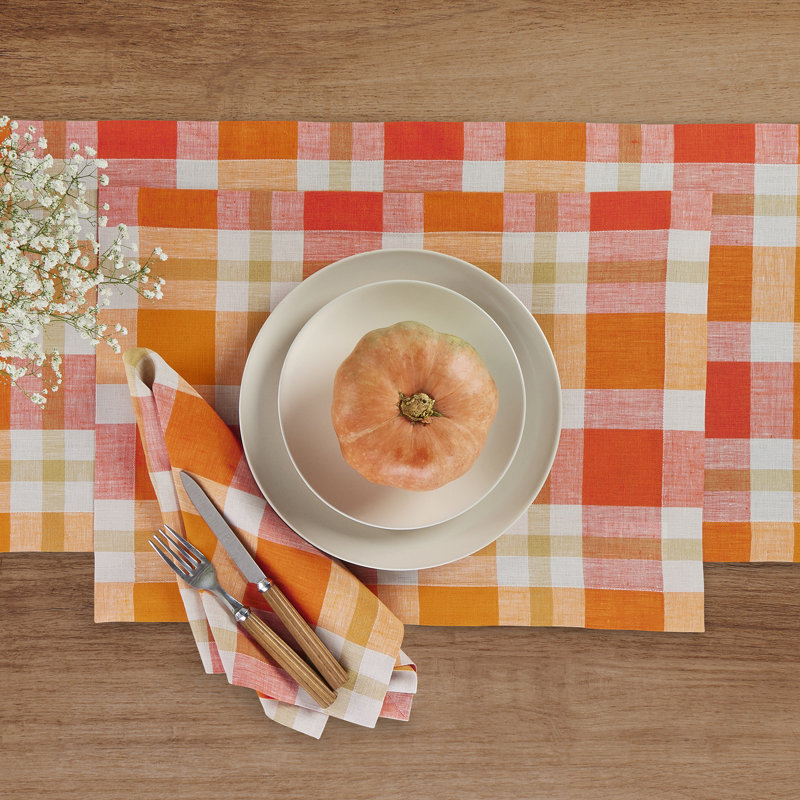 Fall Buffalo Check - 100% Pure Linen Dinner Napkins, Pumpkin