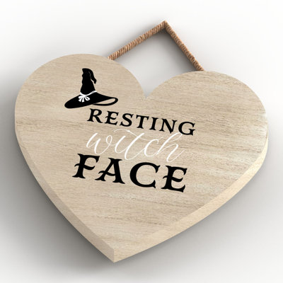 Resting Witch Face Wooden Heart Plaque
