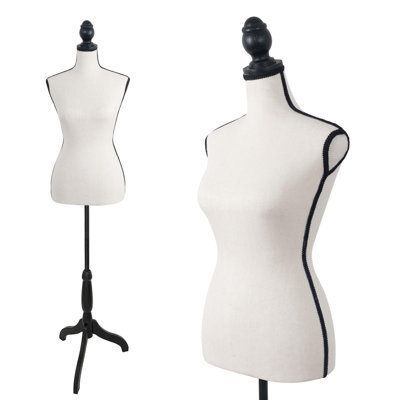 Mannequin de robe de torse féminin en tissu de lin avec tête détachable, deux mains en bois et un présentoir en métal réglable en hauteur