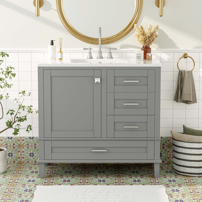 Meuble-lavabo 36 po avec porte à fermeture douce et tiroirs, Argent argent, Noir