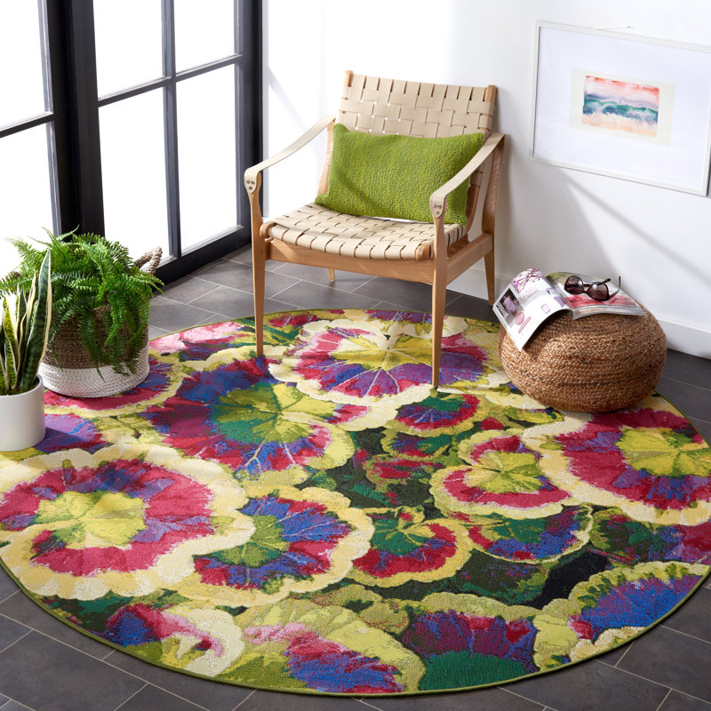 Arainna Makenize Floral Machine Woven Polypropylene Indoor/Outdoor Area Rug in Black/Green/Purple, Round 6'6"