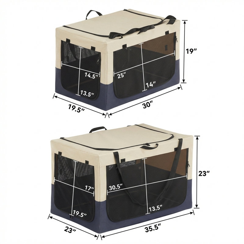Cage de voyage Canine avec une housse en tissu réglable supportée par un cadre de tuyau en fer spiralé, des coutures renforcées et une conception à 3 portes