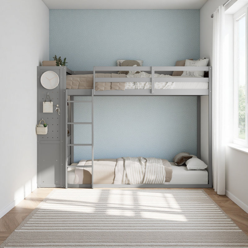 Lit superposé simple avec 4 tiroirs de rangement, rail suspendu, bande lumineuse et tablettes intégrées et panneaux perforés doubles
