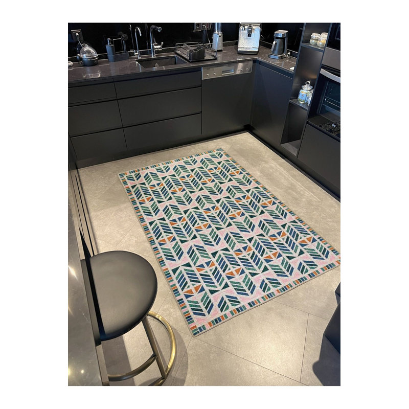 Tapis tissé à motif géométrique triangulaire bleu clair lavable à la machine, Sous-tapis rond 3 pi 3 po inclus