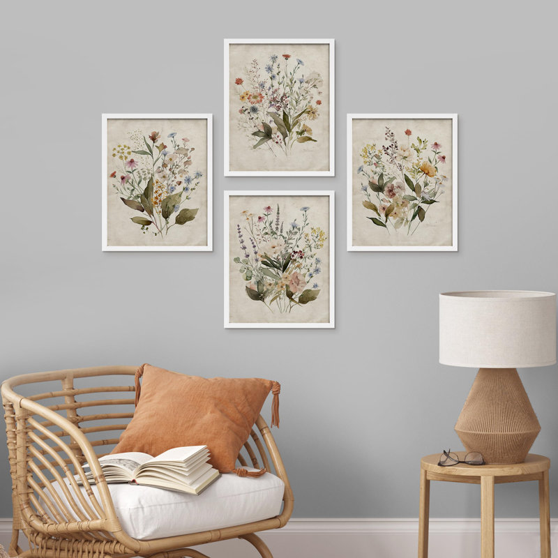 Vintage Wildflowers Bouquet Antique Botanical Floral Pictures Framed Paper 4 Pieces Print Wall Art, White, 14" H x 11" W