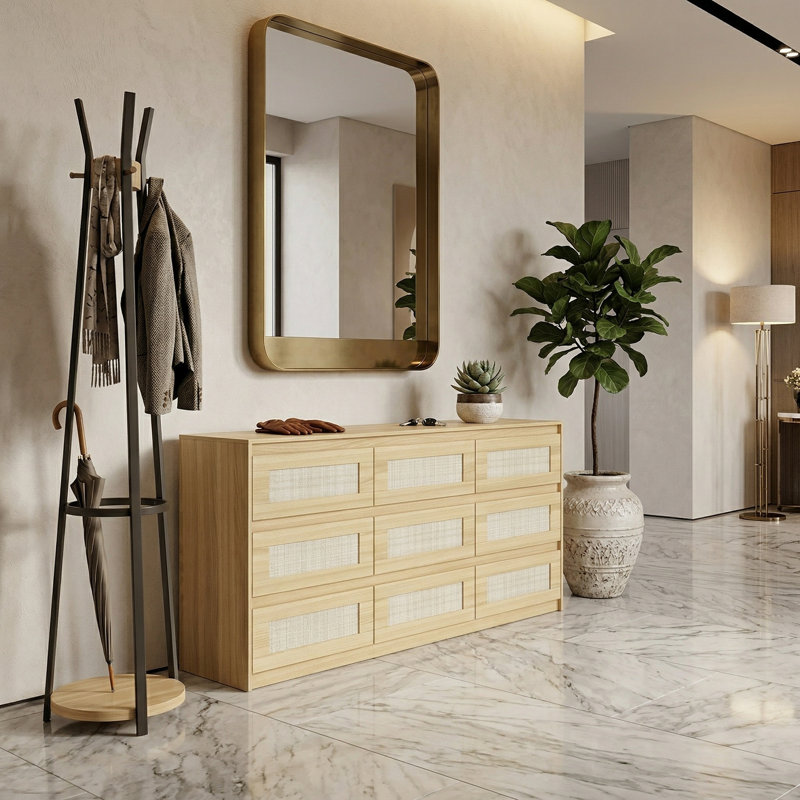 9-Drawer Dresser, 62.9"W × 31.9"H — White Oak Finish, Woven Cane Panels, Pull-Free Design, 12" Soft-Close Glides