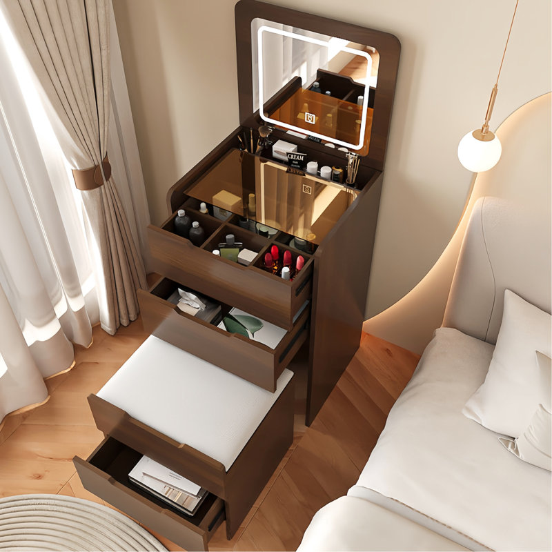 Stylish Walnut Makeup Vanity With Internal Storage Compartments And Cushioned Stool Modern Dressing Table Elegant Mirror Features