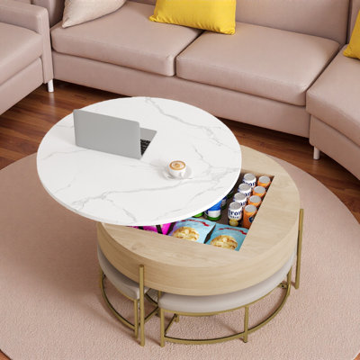 Modern Round Lift-top Coffee Table With Storage Space & 3 Ottoman