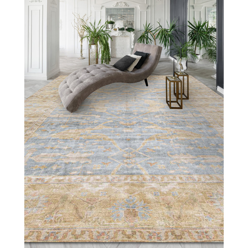 Demirji Oushak Wool Oriental Area Rug in Light Blue/Gold