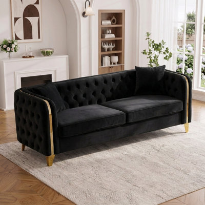 Canapé Chesterfield 81 po avec capitonnage à boutons profonds et détails dorés