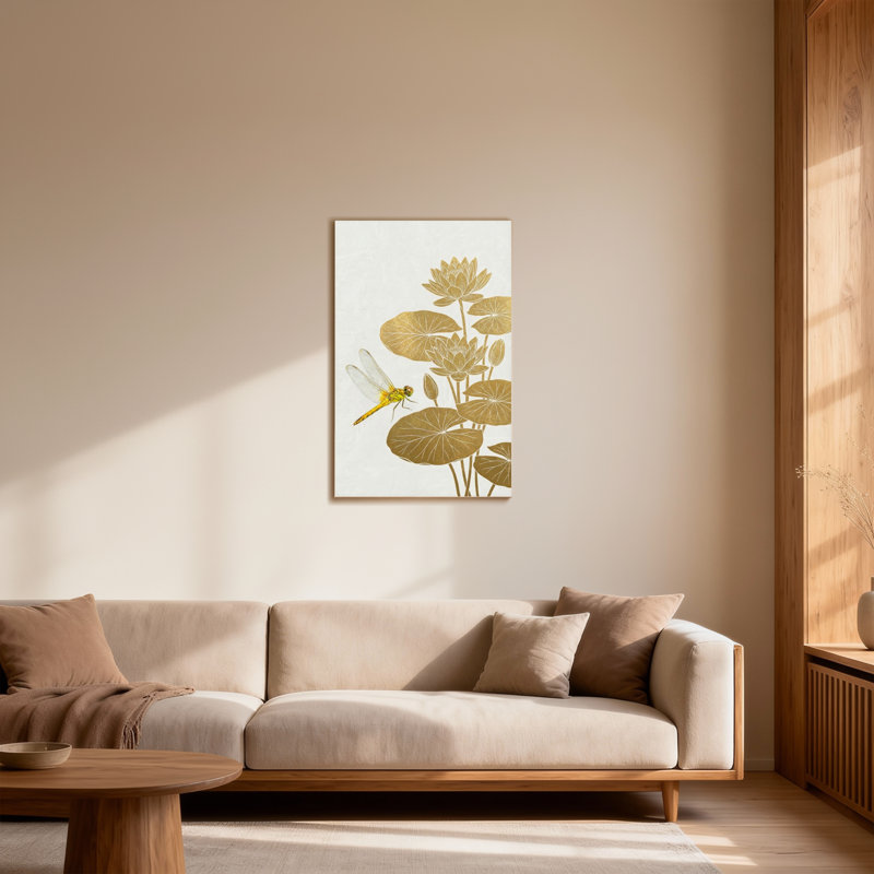 Plantes et fleurs, lotus doré et libellule, H 40 po x l 28 po