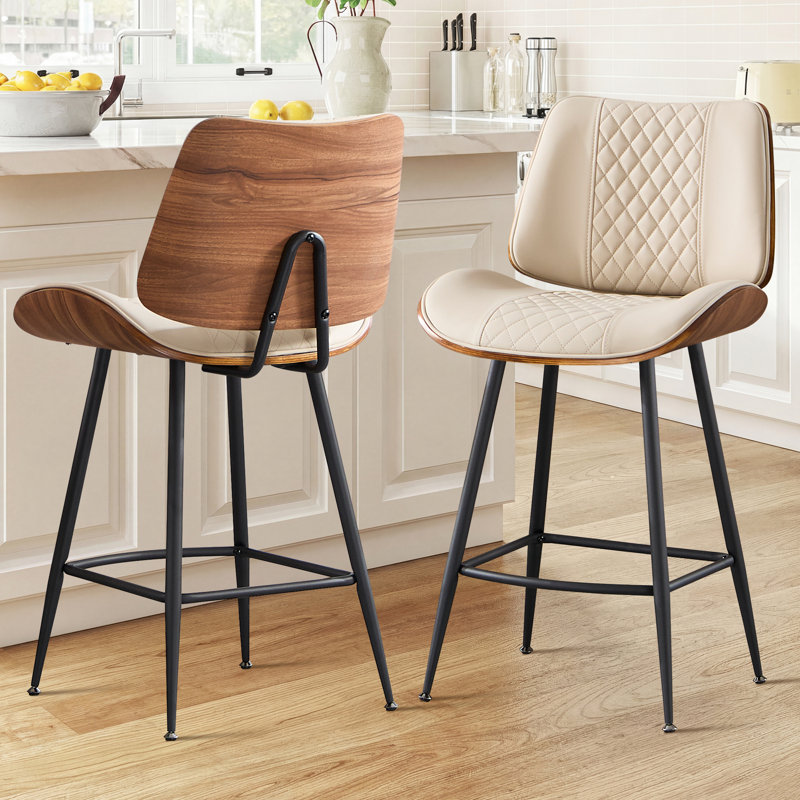 26.97" Counter Stool With Faux Leather And Curved Walnut Wood Backrest Design, Beige