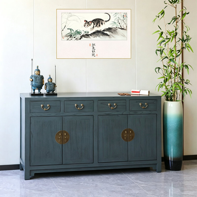 Nouvelle armoire d'entrée en bois massif de style chinois, Bleu grisâtre foncé, Bleu grisâtre foncé, Bleu grisâtre foncé