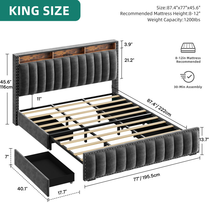 Upholstered Platform Bed With 4 Storage Drawers And RGB LED Lights, King