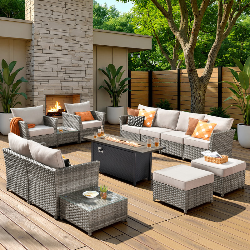 Briela 8 - Person Outdoor Seating Group with Cushions with Fire Pit table No Assembly Required, Yes, Beige