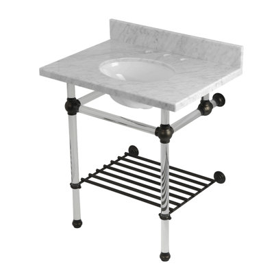 Évier console KVPB30MAB8 Templeton de 30 po avec pieds en acrylique Kingston (8 pouces, 3 trous), marbre de Carrare / nickel brossé Kingston