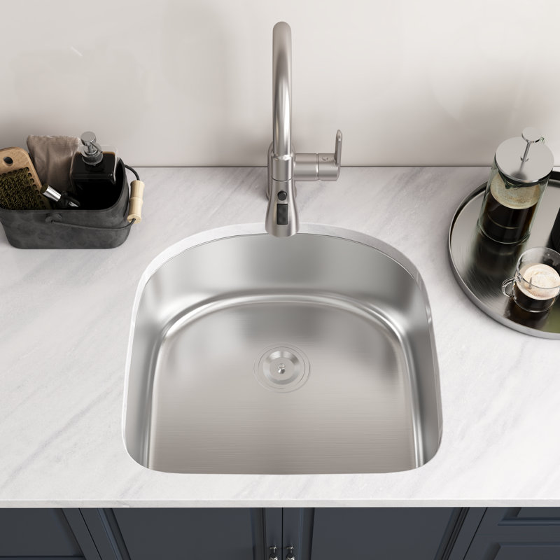Blenzia 23 Inch Undermount Kitchen Sink D Shape 18 Gauge Stainless Steel Curved Single Bowl Sinks With Strainer 23" X 21" X 9"