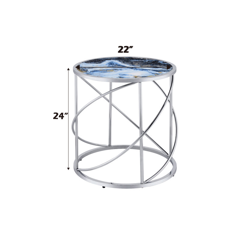 Table de bout en marbre bleu 22 "avec support en métal et plateau en verre brillant