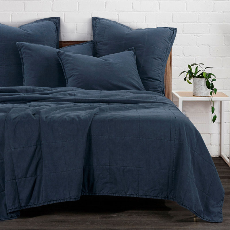 Stonewashed Cotton Canvas Solid Color Classic Chic Casual Modern Rustic Coverlet Set, Denim, King Coverlet + 2 King Shams