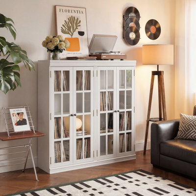White 4-Door Glass Storage Cabinet With Adjustable Shelves, Wood Grain Finish