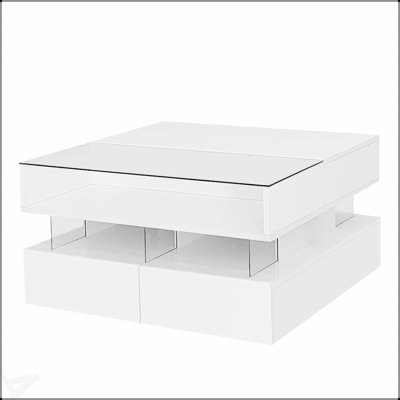 Table basse à plateau relevable avec 2 tiroirs, conception carrée moderne avec plateau en verre et finition ultrabrillante, rangement caché et lumières DEL pour le salon