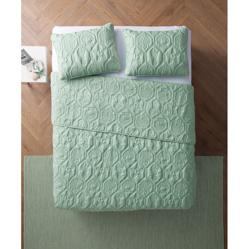 Shore 3-Piece Embossed Quilt Set, Mint Green, Queen Quilt + 2 Standard Shams