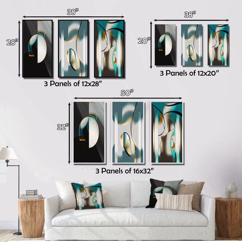 «GOLD TEAL Geometric Elegance Unveilé», 3 pièces sur toile, Cadre flottant noir, H 40 po x l 60 po