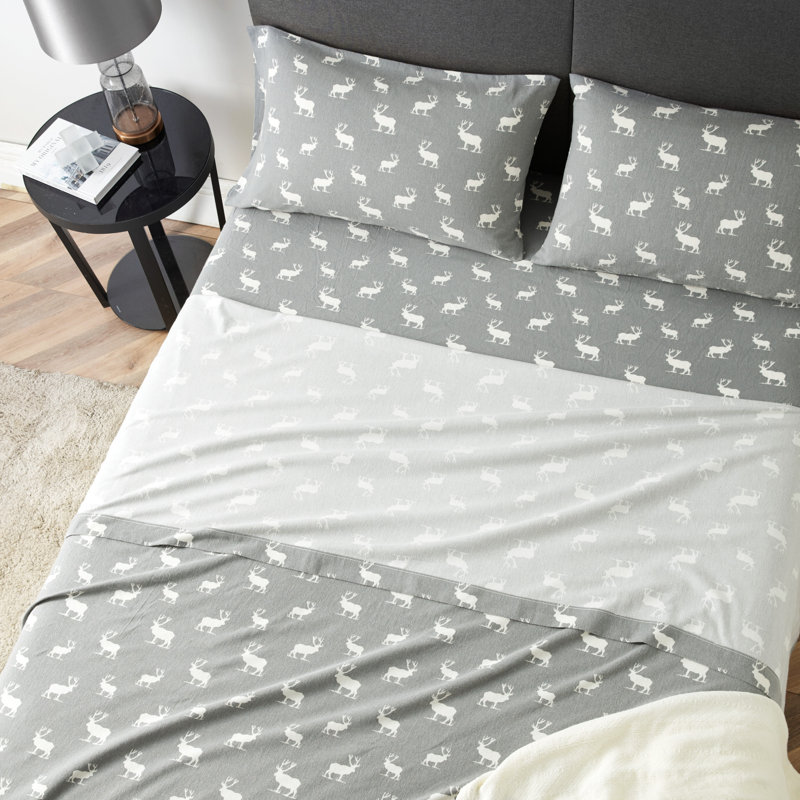 Ensemble de draps 100% coton 200 fils, Ensemble de draps pour lit simple avec 1 taie d'or, Forêt d’élans