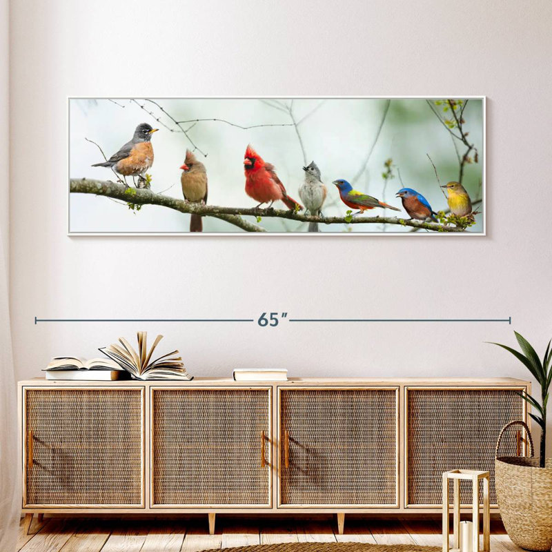 Rassemblement d'oiseaux, Cadre flottant blanc, 57 po x 19 po