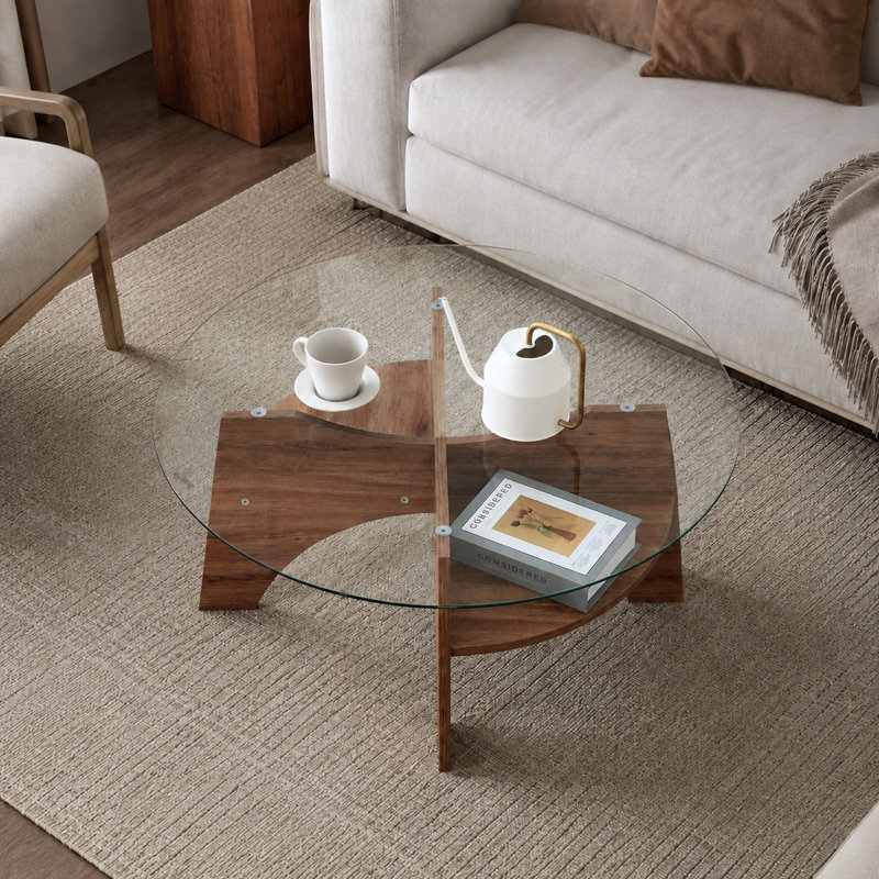 Table basse ronde moderne en verre trempé avec base en éventail et tablette de rangement ouverte, Clair/Brun
