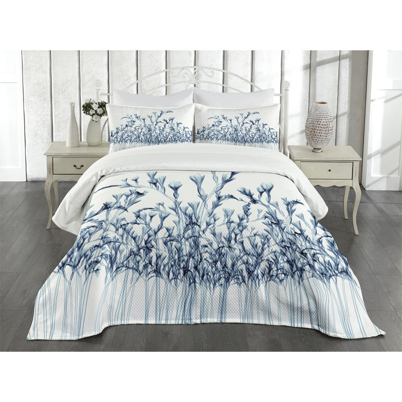 Ambesonne Teal White Bedspread X-Ray Floral, King Bedspread + 2 Standard Shams