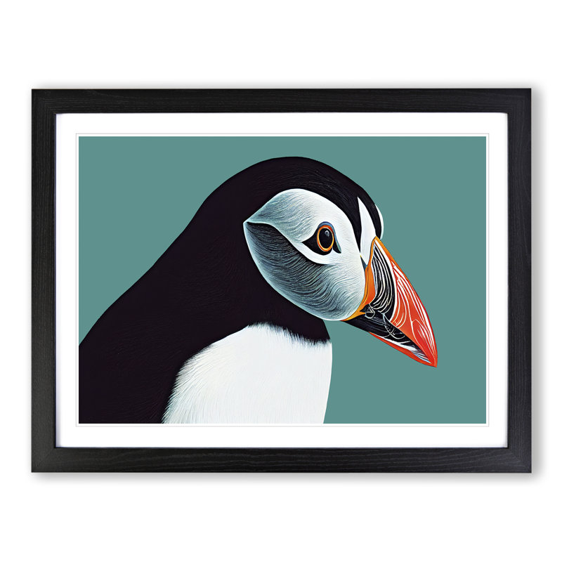 Flourishing Puffin Bird - Single Picture Frame Painting, Black, 46cm H x 64cm W x 2cm D