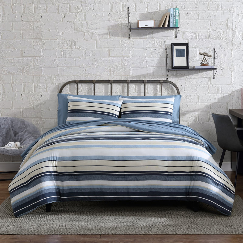 Perry Ellis Portfolio Palo Blue Stripe Reversible Bed in a Bag Comforter Set, Full Comforter + 6 Additional Pieces