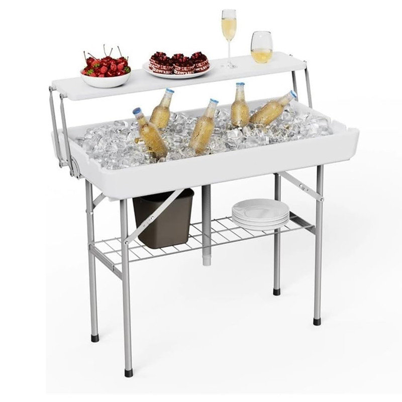 Tables pliantes pour refroidisseur de glace de 4 pi avec bonde, table à bac à glaçons à deux niveaux avec jupe amovible, froid portatif pour boissons alimentaires ， Fête, pique-nique, camping, mariage, barbecue