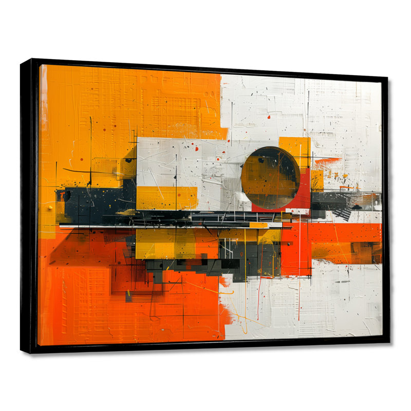 «Yellow Orange Abstract Futuristic Fusion I», reproduction d'art abstrait, Toile avec cadre flottant noir