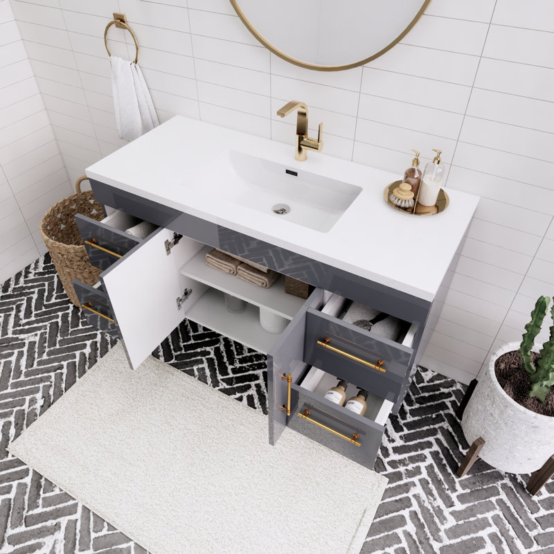 Spring Single Bathroom Vanity with Acrylic Top, Gloss Gray