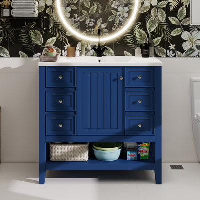 36" Bathroom Vanity With Sink, One Cabinet And Three Drawers, Solid Wood And MDF Board, Blue