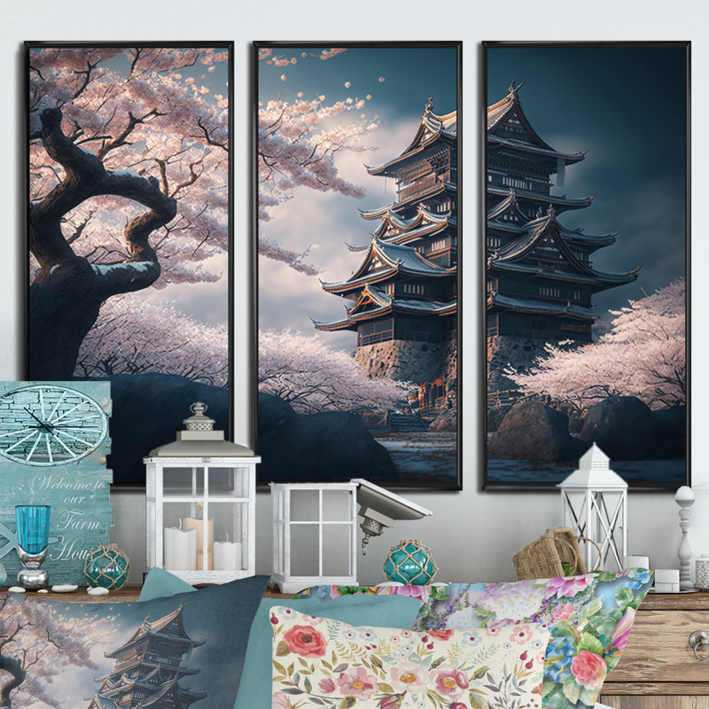 «Cherry Blossums In The City III», reproduction sur toile 3 pièces, H 28 po x l 36 po x P 1 po, Cadre noir