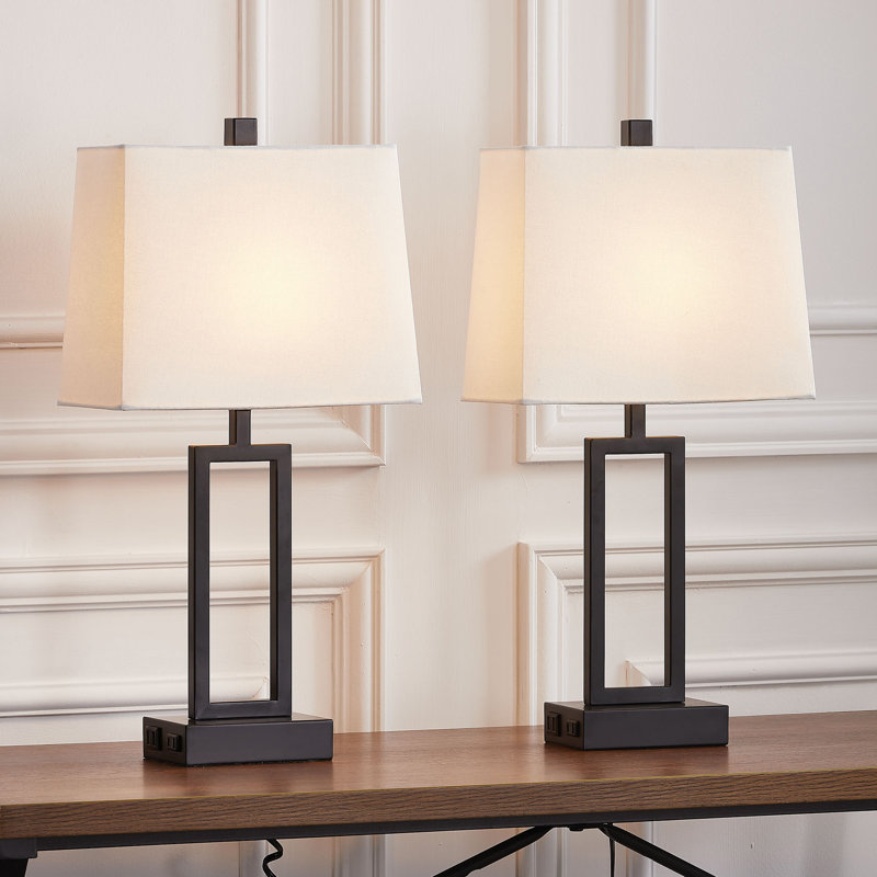Damajae 23.5" Metal USB Table Lamp Set with Touch Control and AC Outlet, White