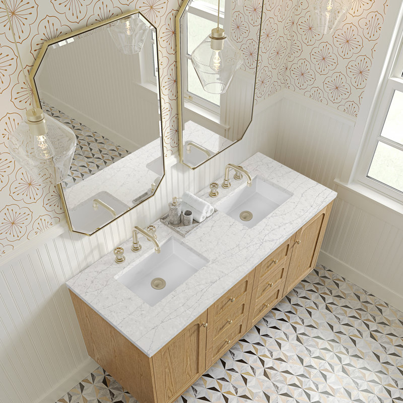 Laurent 60" Double Vanity, Light Natural Oak W/FreePower Wireless Charger, Eternal Jasmine Pearl, Light Natural Oak