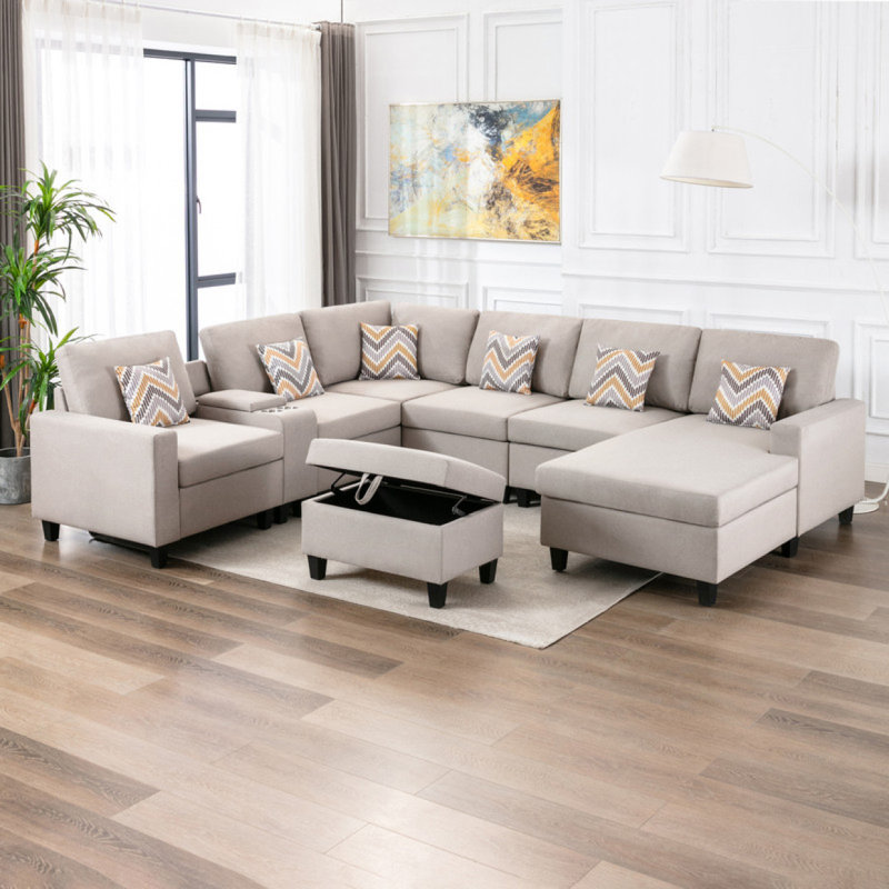 Canapé modulaire réversible 8 pièces en tissu lin avec pattes interchangeables Modern, H 33,05 po x l 124,05 po x P 106,05 po