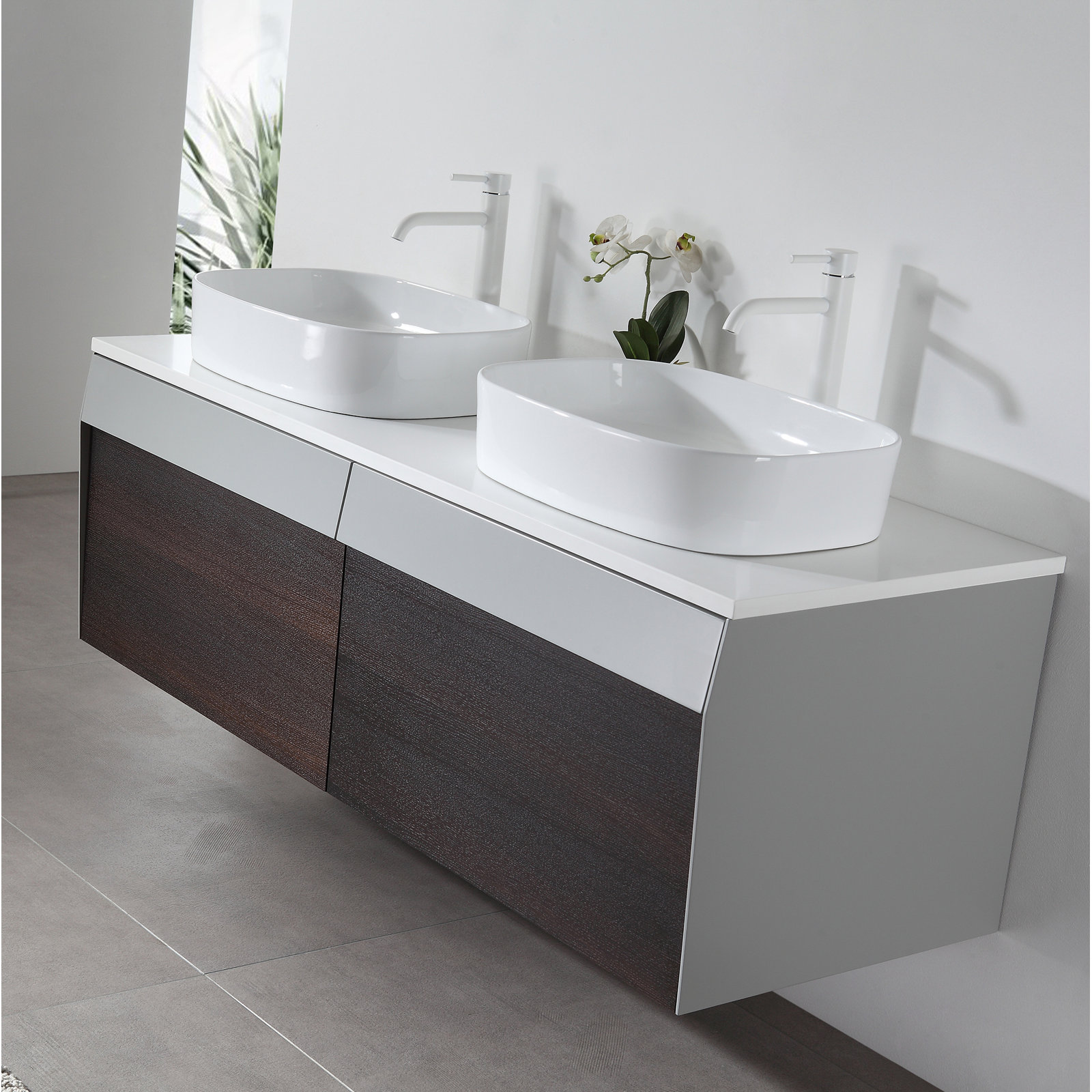 Lynwood 55" Cedar Double Bathroom Vanity, Smoke Gray/Dark Brown