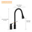 Robinet d'évier de cuisine, poignée séparée, aspect noir mat, style simple pour un réglage de l'eau, cartouche rétractable rotative à 360 °, cartouche en céramique haute performance avec scellage de feuilles, jet et jet