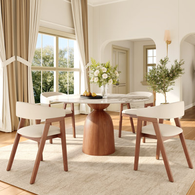 Modern Round Dining Table with Hourglass-Shaped Pedestal Solid Wood Base & Sintered Stone Top for 4/6/8 Seats