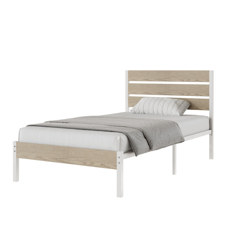 Sakari 2 Set Rustic Farmhouse Bed Frame, 2Pcs Twin Size Metal Platform Bedframe with Wood Headboard, Mattress Foundation with Heavy Duty Metal Slats Support, No Box Spring Needed